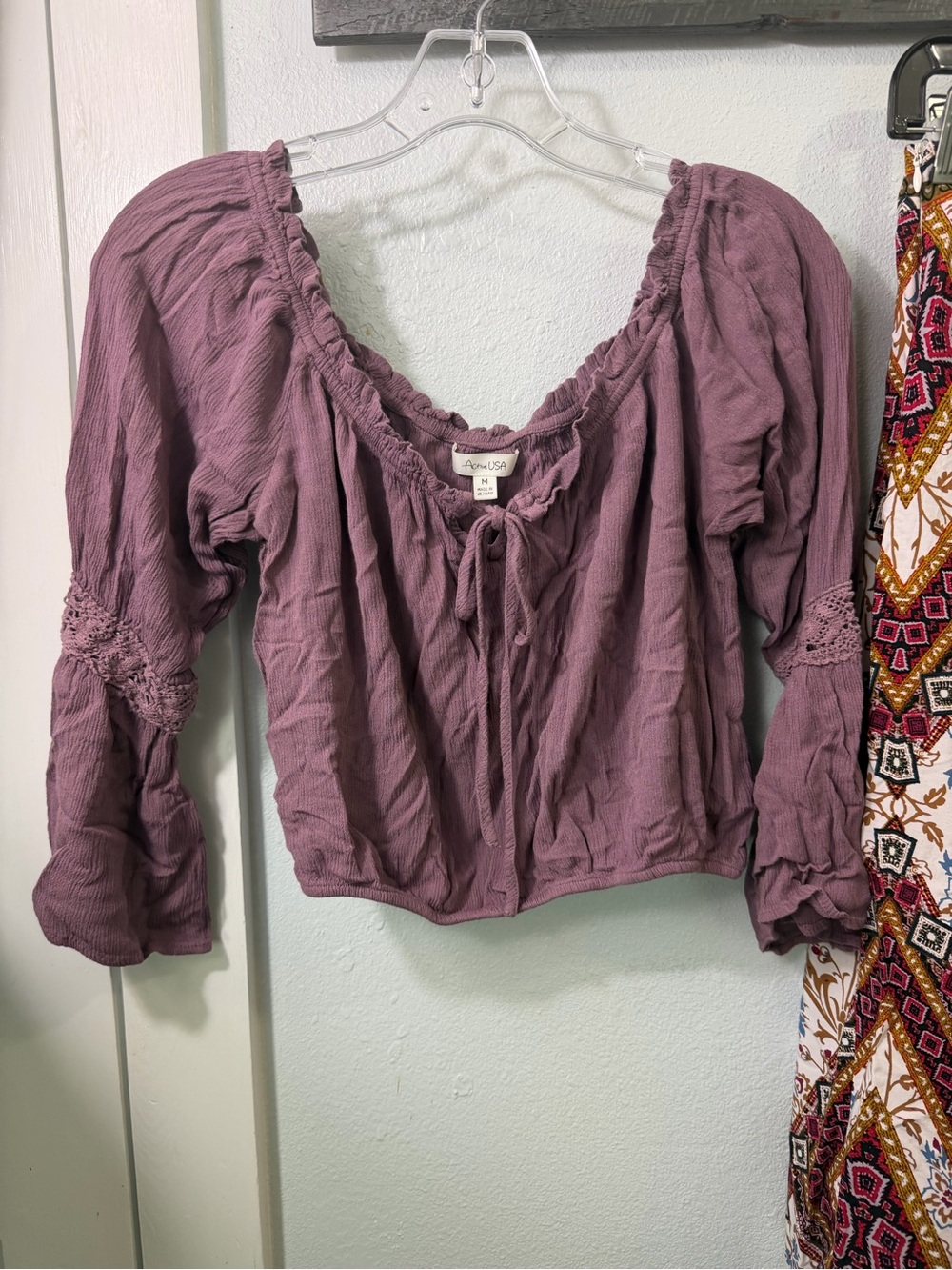 Active USA Mauve Peasant Blouse with Tie Front